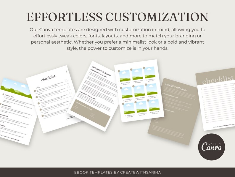 May include: A collection of white and tan Canva templates, including checklists and cheat sheets, with the text "EFFORTLESS CUSTOMIZATION." The templates are designed for easy customization of colors, fonts, and layouts. The Canva logo is visible.