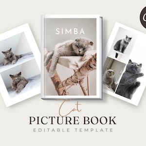 Puede incluir: Una plantilla de libro de fotos con el texto "Cat Picture Book Editable Template" y una foto de un gato gris en una rama. La portada del libro tiene el nombre "SIMBA". La plantilla incluye fotos de gatos en diferentes poses.