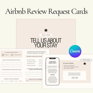 Op de afbeelding: Een verzameling Airbnb-verzoekkaarten met een minimalistisch ontwerp. De kaarten bevatten de tekst "Airbnb Review Request Cards" en "Tell Us About Your Stay". Een afbeelding van een mobiele telefoon is inbegrepen, samen met het Canva-logo.