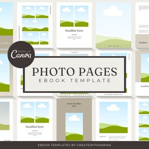 May include: A digital ebook template with a green and blue landscape design. The template includes the text "PHOTO PAGES EBOOK TEMPLATE" and "EBOOK TEMPLATES BY CREATEWITHSARINA".