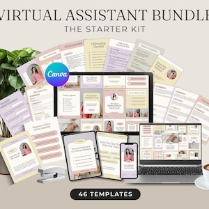 May include: A Virtual Assistant Starter Kit with the text "Virtual Assistant Bundle" and "The Starter Kit". The image shows a laptop, tablet, phone, and printed documents with the Canva logo, and the text "46 Templates". A cup of coffee and a plant are also visible.