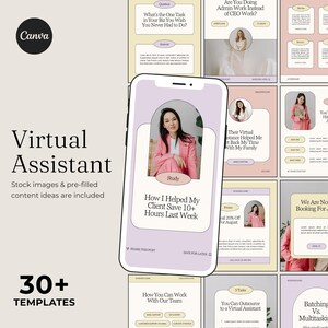 Op de afbeelding: Een promotieafbeelding voor een virtuele assistent service. De afbeelding toont een smartphone met een vrouw in een roze blazer, omringd door sjablonen en het Canva-logo. Tekst omvat "Virtuele assistent" en "30+ sjablonen."