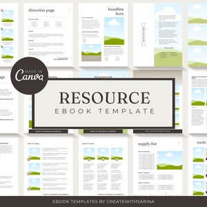 May include: A resource ebook template with a green and blue landscape design. The template includes pages for a direction page, coupon page, headline, recipe, supply list, and tools and resources. The template is made in Canva.