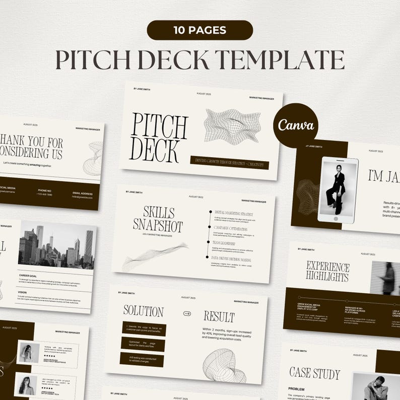 Puede incluir: Una plantilla de presentaci&oacute;n de 10 p&aacute;ginas con un dise&ntilde;o minimalista. La plantilla presenta un fondo beige claro con detalles y texto en marr&oacute;n oscuro. Las palabras "PITCH DECK TEMPLATE" se muestran de forma destacada.