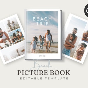 Op de afbeelding: Een fotoboek sjabloon met de titel "Beach Trip" en de tekst "Juni 2023". De omslag toont een foto van een gezin dat op een strand loopt. De binnenpagina's tonen foto's van een gezin op een strandvakantie.