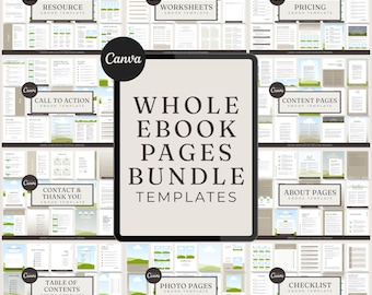 May include: A digital product bundle with ebook templates. The central image displays "WHOLE EBOOK PAGES BUNDLE TEMPLATES" in large text. Surrounding the central image are smaller panels labeled "RESOURCE," "WORKSHEETS," "PRICING," and more.