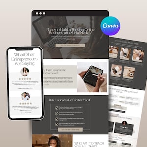Op de afbeelding: Advertentie voor een digitale marketingcursus weergegeven op een laptop, tablet en smartphone. Het ontwerp bevat tekst zoals "Ready to Build a Thriving Online Business with Social Media?" en getuigenissen. Het Canva-logo is zichtbaar.