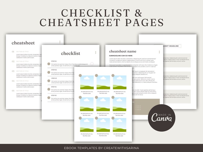 May include: A collection of digital checklist and cheatsheet templates. The pages feature a minimalist design with headings and placeholder text. The text "CHECKLIST & CHEATSHEET PAGES" is at the top. The Canva logo is visible. Ebook templates by Createwithsarina.