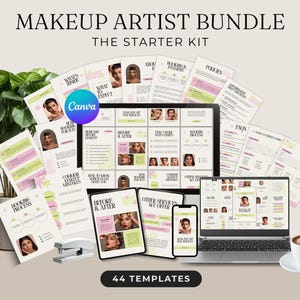 Op de afbeelding: Een digitale make-up artist bundel met de tekst "MAKEUP ARTIST BUNDLE THE STARTER KIT" en "44 TEMPLATES". De afbeelding bevat een laptop, tablet, telefoon en gedrukte documenten met make-up gerelateerde inhoud. Een kopje koffie en een plant zijn ook aanwezig.