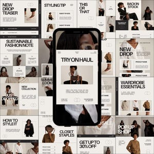 Può includere: Uno smartphone mostra una grafica a tema moda con il testo "TRY ON HAUL". Intorno al telefono ci sono varie grafiche promozionali con testo come "NEW DROP", "WARDROBE ESSENTIALS" e "GET UP TO 30% OFF". L'estetica generale è minimalista e moderna.