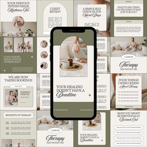 Op de afbeelding: Een social media post ontwerp met een rustgevende esthetiek. De centrale afbeelding op een telefoonscherm luidt "Your Healing Doesn't Have a Deadline". Omringende panelen bieden therapie-inzichten, klantbeoordelingen en zelfzorgtips. Het kleurenpalet is zachtgroen en crèmekleurig.