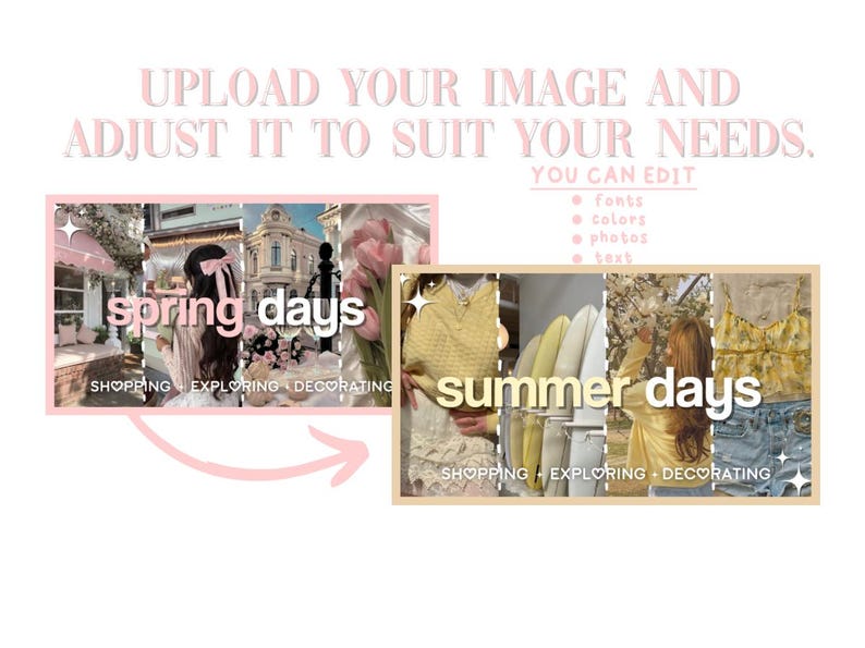 以下が含まれることがあります： 「spring days」と「summer days」というテキストが黄色とピンクのフォントで書かれた2つのコラージュ画像。画像は、買い物、探索、装飾をしている人々の写真で構成されています。「SHOPPING EXPLORING DECORATING」というテキストが各コラージュの下に表示されています。
