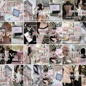 May include: A collage of images with a pink and white aesthetic, featuring text overlays like "study vlog," "self care," and "morning routine." The images depict various lifestyle activities, including shopping, skincare, and daily routines.