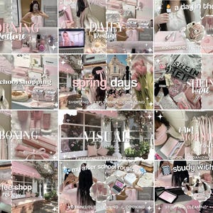 Pode incluir: Uma colagem de nove imagens que apresentam diversos temas de estilo de vida e beleza, incluindo rotinas matinais, rotinas diárias, compras de volta às aulas, dias de primavera, desembalagem, diários visuais, avaliações de cafés, estuda comigo e um dia na vida. As imagens estão todas em um esquema de cores rosa e branco e apresentam sobreposições de texto com títulos e descrições.