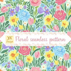 Puede incluir: Un diseño de patrón floral sin costuras con una variedad de flores coloridas, que incluyen flores rosas, amarillas, azules y moradas, sobre un fondo verde claro. El diseño incluye el texto "Floral seamless pattern".