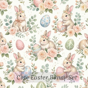 Puede incluir: Un patrón repetitivo con adorables conejitos, arreglos florales y huevos de Pascua en suaves colores pastel. Los conejitos llevan coronas de flores y sostienen huevos decorados. El texto "Cute Easter Bunny Set" está en la parte inferior.