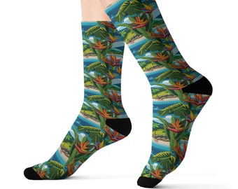 Chaussettes tropicales, sublimation, cadeau pour lui, cadeau pour elle, chaussettes de vacances, cadeau de vacances, cadeau de retraite, cadeau de retraité, retraité, chaussettes fantaisie