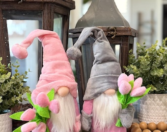 Pink Easter Gnome Decor Set with Tulips | Spring Tiered Tray Decor