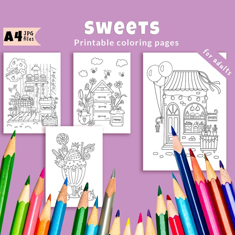 4 Coloring Pages for Adults - A Candy Store, an Apple Nook in the ...