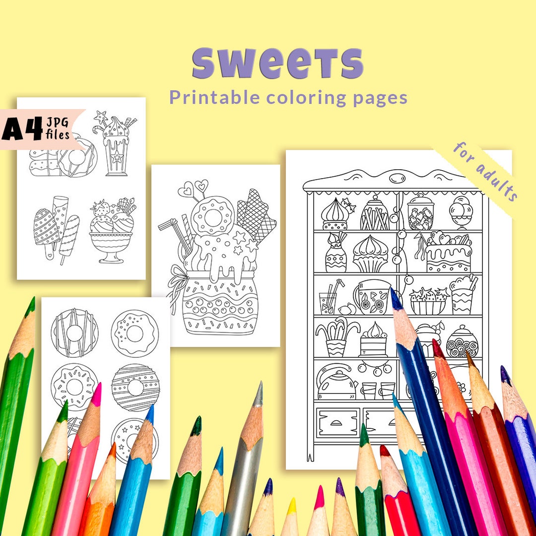4 Coloring Pages for Children and Adults - Sweets + Present. Coloring ...