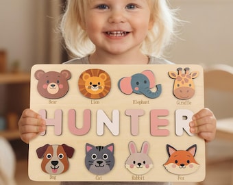 Personalized Wooden Name Puzzle: Toddler Baby Gift, Handmade Animal Toy, First Birthday Gift, Puzzles for Toddlers