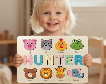 Casse-tête personnalisé avec nom d'animal en bois : cadeau pour bébé, jouet éducatif
