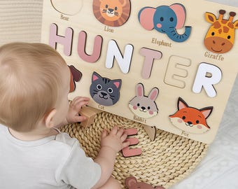 動物の絵柄が入ったカスタム木製ネームパズル、姪っ子への幼児向け知育玩具