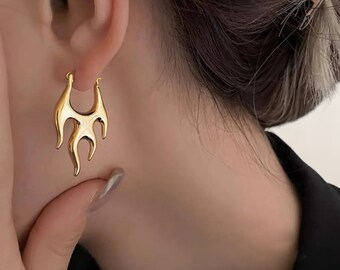 Gothic Punk Gold Flame Hoop Earrings - Exaggerated Irregular Geometric Piercing Jewelry for Women