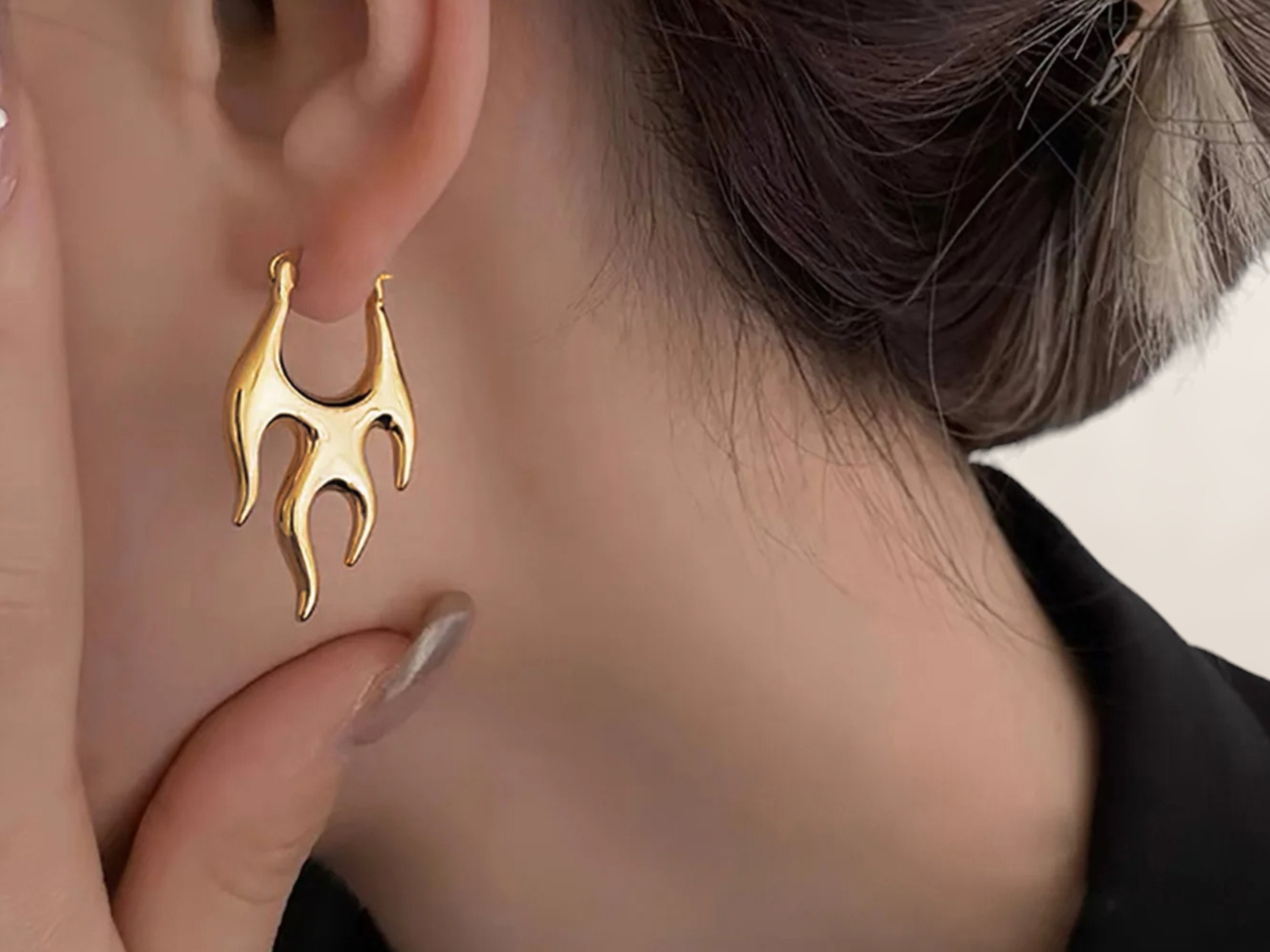 Boucles D'oreilles Créoles Punk En Forme De Flamme – Or Doré, Alliage, Style Boho/vintage – Boucles Pendantes Uniques Fait Main