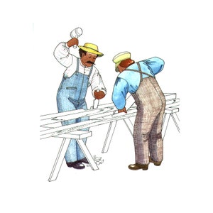 May include: Two people are working on a wooden plank. One person is using a hammer to secure the plank while the other person is using a tool to smooth the wood. The plank is resting on two sawhorses.