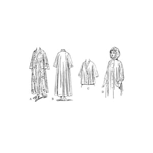 May include: A line drawing of four different styles of robes. The first robe is a long, flowing robe with a shawl collar. The second robe is a long, flowing robe with a simple collar. The third robe is a short, fitted robe with a shawl collar. The fourth robe is a long, flowing robe with a hood.