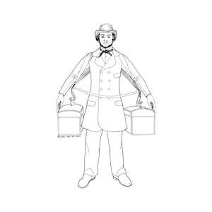 Puede incluir: Un dibujo en blanco y negro de una persona con un sombrero de copa y un abrigo largo, llevando dos cajas en una correa sobre sus hombros.