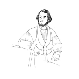 Puede incluir: Un dibujo en blanco y negro de un hombre con un chaleco y una corbata de lazo. Tiene barba y mira hacia un lado.