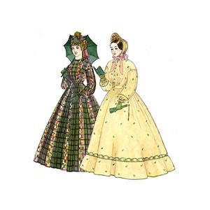 May include: An illustration of two women in vintage dresses. One wears a green plaid dress, holding a green umbrella. The other wears a yellow dress with small green leaf patterns, holding a green fan and a book. Both wear bonnets.