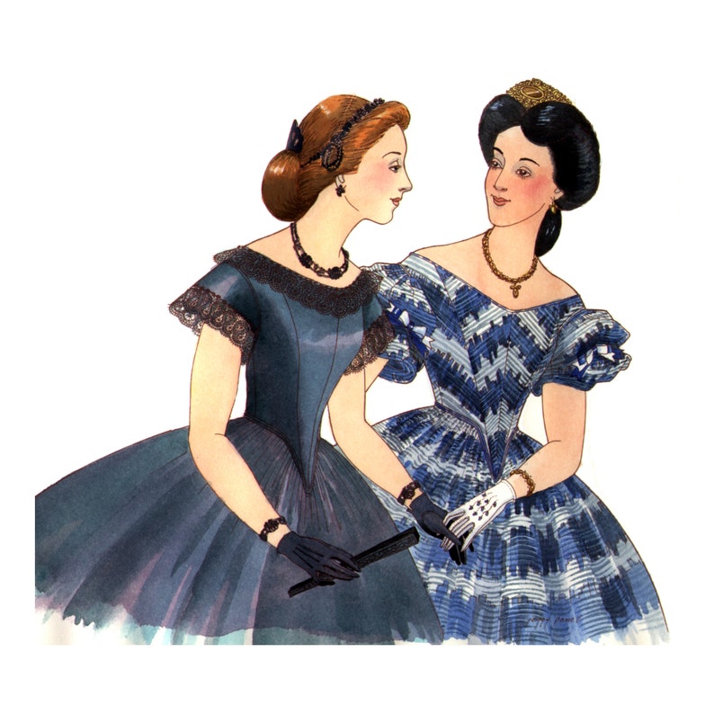 May include: Two women in formal attire from the 1800s. The woman on the left is wearing a dark blue gown with a lace trim and a black fan. The woman on the right is wearing a blue and white patterned gown with a white lace trim.