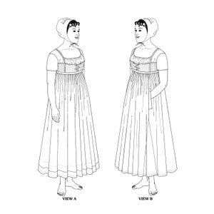 Könnte beinhalten: Eine Strichzeichnung einer Frau in einem langen, fließenden Kleid mit gerafftem Oberteil und einer Mütze. Das Kleid hat einen seitlichen Schlitz und einen gerafften Saum. Die Frau ist in zwei Ansichten dargestellt, einmal mit den Armen an den Seiten und einmal mit der Hand in der Tasche. "ANSICHT A" und "ANSICHT B" stehen unterhalb der jeweiligen Abbildung.