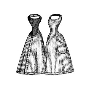 May include: Two vintage dresses illustrated in black and white. One dress is solid black at the bodice, the other is striped. Both dresses have a fitted bodice and a flared skirt, with a pocket on one dress.
