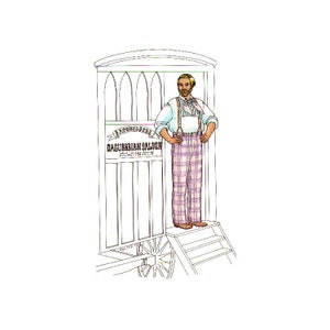 May include: A black and white illustration of a man standing on a platform in front of a white wagon. The wagon has a sign that reads "Daguerrian Saloon".