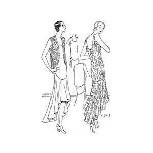 May include: A black and white line drawing of two women wearing dresses. The woman on the left is wearing a dress with a high neckline and a long skirt. The woman on the right is wearing a dress with a low neckline and a short skirt. The text "VIEW 1" is below the woman on the left and the text "VIEW 2" is below the woman on the right.