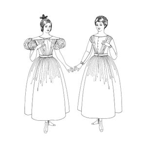 May include: Two black and white illustrations of women in vintage dresses. The dresses have fitted bodices, full skirts, and are adorned with decorative elements. One dress features puffed sleeves, while the other has a more streamlined design. Both figures are holding hands.