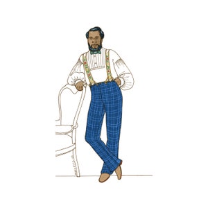May include: A man wearing a white shirt with a bow tie and braces with a floral pattern. He is wearing blue plaid trousers and black shoes. He is leaning against a white chair.
