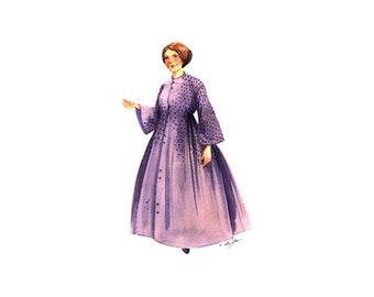 May include: A watercolor painting of a woman wearing a long, purple dress with a dotted pattern. The dress has a high neckline and long sleeves. The woman is standing with her arms slightly raised, and she is looking to the side.