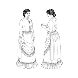 Puede incluir: Un dibujo en blanco y negro de dos mujeres con vestidos largos con volantes. Las mujeres están de pie una al lado de la otra, una mira a la otra y la otra mira un papel en su mano.