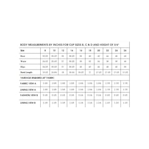 May include: A chart showing body measurements in inches for cup sizes B, C, and D, and a height of 5'6". The chart also shows yardage required for 45" fabric for different sizes.
