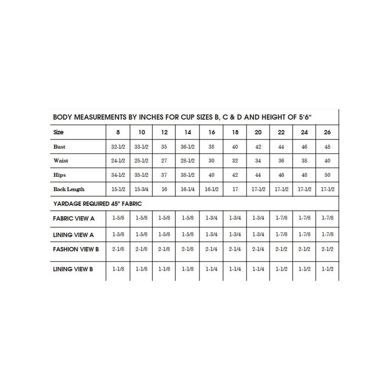 May include: A chart showing body measurements in inches for cup sizes B, C, and D, and a height of 5'6". The chart also shows yardage required for 45" fabric for different sizes.