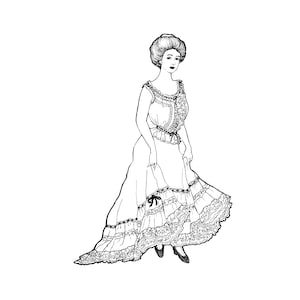 Puede incluir: Un dibujo en blanco y negro de una mujer con un vestido largo y fluido con ribetes de encaje. El vestido tiene un corpiño ajustado y una falda completa con múltiples capas de volantes. La mujer tiene el pelo recogido en un moño y lleva un collar sencillo.