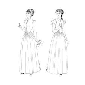 Puede incluir: Un dibujo en blanco y negro de dos mujeres con vestidos largos, cuello alto y mangas largas. Las mujeres están de pie con las manos en las caderas y mirando hacia un lado. El dibujo está sobre un fondo blanco.