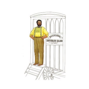 May include: A man with a beard stands on a wooden platform in front of a wagon. The wagon has a sign that reads "Batchelders Daguerrian Saloon Walk in and examine specimens".
