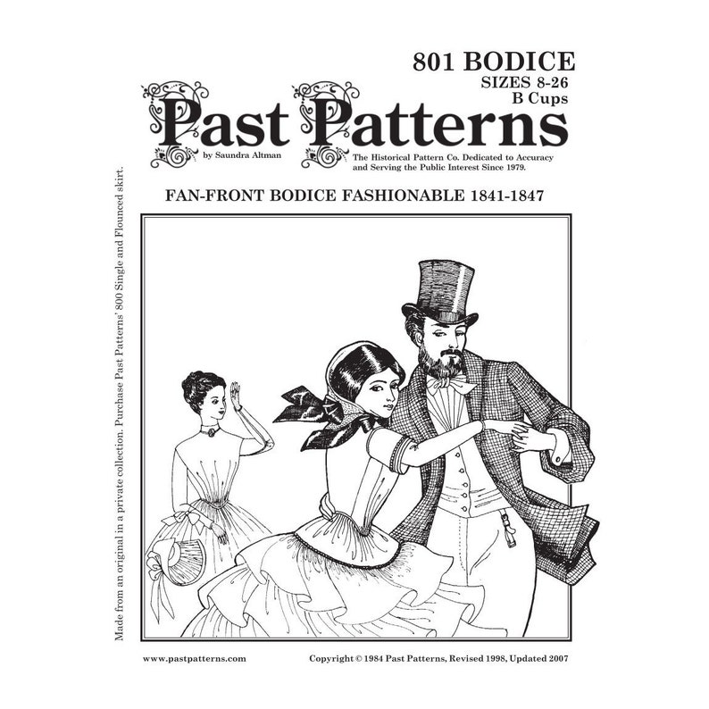 Past Patterns 0801 1840s Fan front Bodice Sewing Pattern Multi sized 