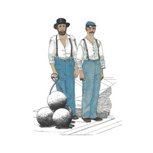 May include: Two men in 19th-century attire stand on a wooden platform. The man on the left is holding a rope attached to three cannonballs. Both men are wearing white shirts, blue trousers, and hats.